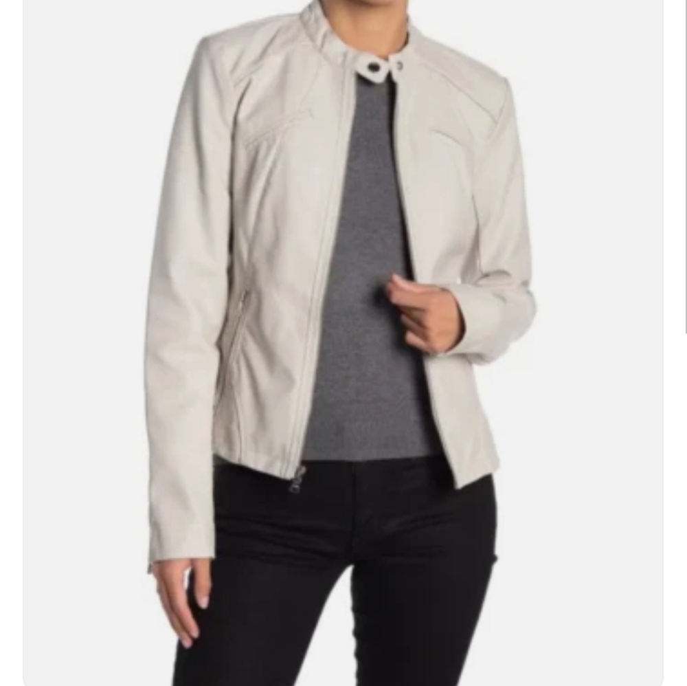 GUESS Faux Leather White Moto Jacket - Picture 4 of 8